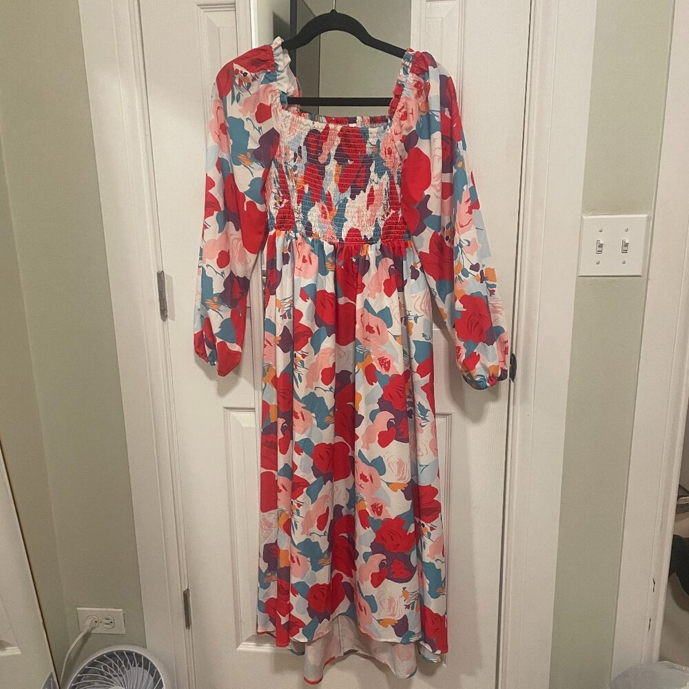 Floral, Babydoll, High-Low, Long Sleeve Midi Dress